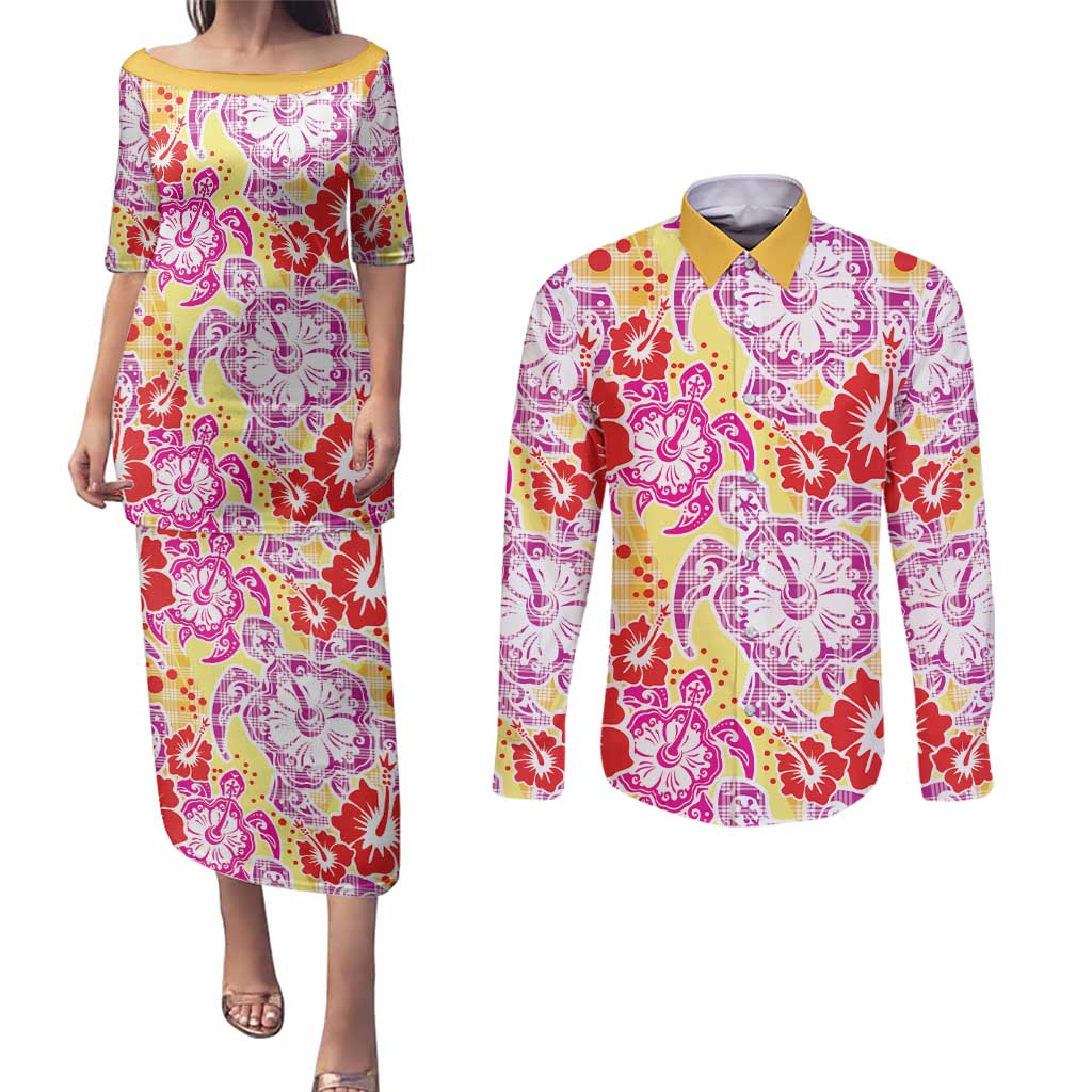 Palaka with Honu and Hibiscus Couples Matching Puletasi and Long Sleeve Button Shirt Hawaiian Heritage Spirit - Polynesian Pride