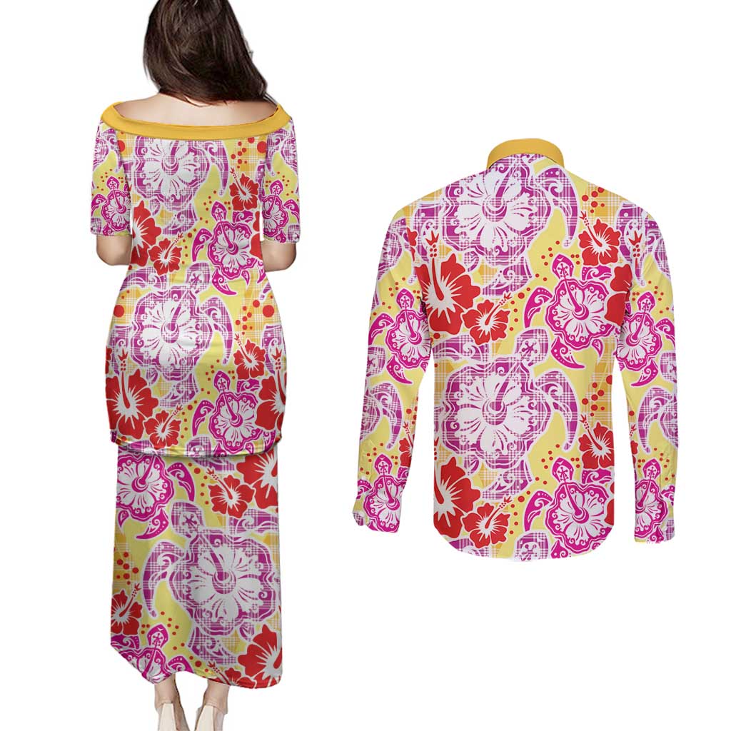 Palaka with Honu and Hibiscus Couples Matching Puletasi and Long Sleeve Button Shirt Hawaiian Heritage Spirit - Polynesian Pride