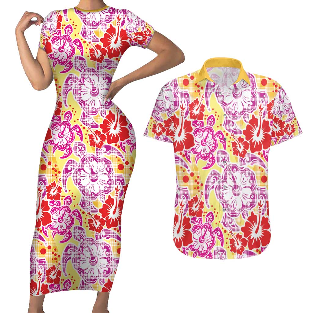 Palaka with Honu and Hibiscus Couples Matching Short Sleeve Bodycon Dress and Hawaiian Shirt Hawaiian Heritage Spirit - Polynesian Pride