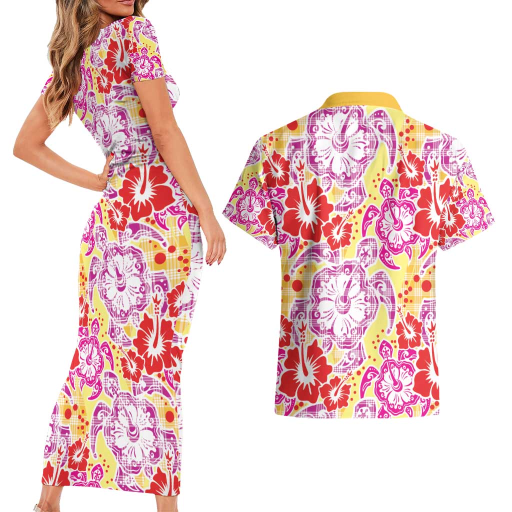 Palaka with Honu and Hibiscus Couples Matching Short Sleeve Bodycon Dress and Hawaiian Shirt Hawaiian Heritage Spirit - Polynesian Pride