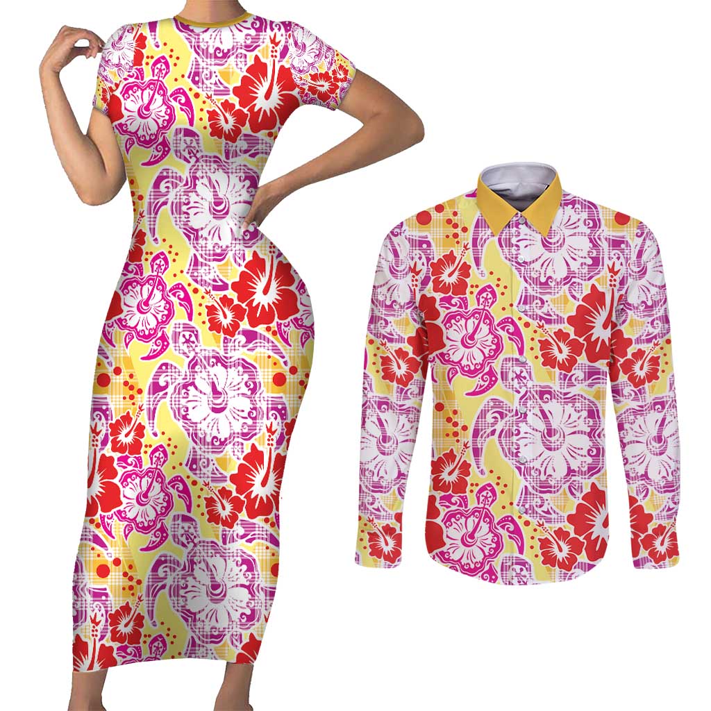 Palaka with Honu and Hibiscus Couples Matching Short Sleeve Bodycon Dress and Long Sleeve Button Shirt Hawaiian Heritage Spirit - Polynesian Pride