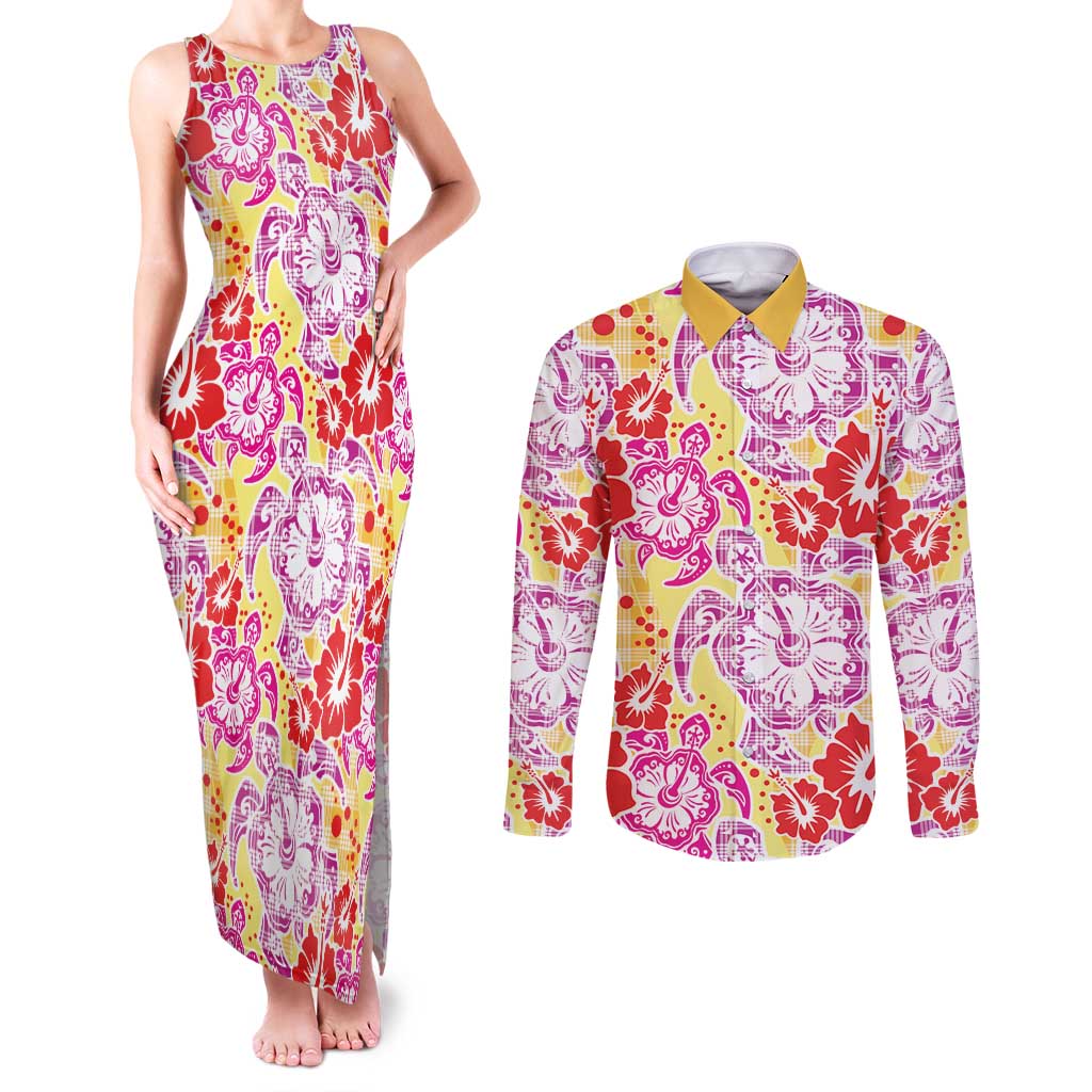 Palaka with Honu and Hibiscus Couples Matching Tank Maxi Dress and Long Sleeve Button Shirt Hawaiian Heritage Spirit - Polynesian Pride