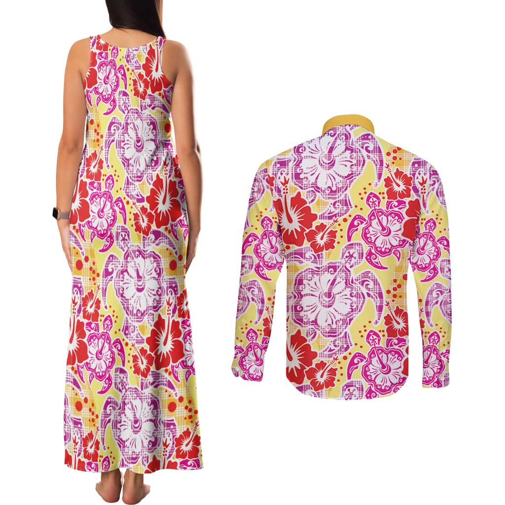 Palaka with Honu and Hibiscus Couples Matching Tank Maxi Dress and Long Sleeve Button Shirt Hawaiian Heritage Spirit - Polynesian Pride