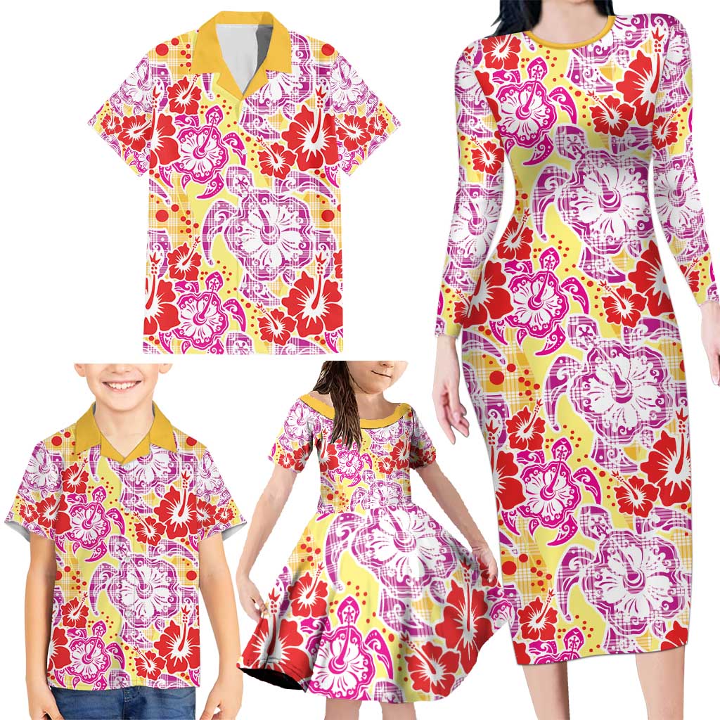 Palaka with Honu and Hibiscus Family Matching Long Sleeve Bodycon Dress and Hawaiian Shirt Hawaiian Heritage Spirit - Polynesian Pride