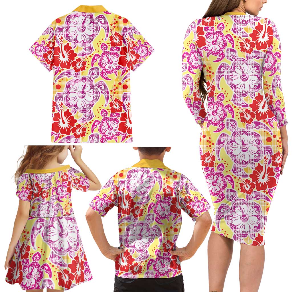 Palaka with Honu and Hibiscus Family Matching Long Sleeve Bodycon Dress and Hawaiian Shirt Hawaiian Heritage Spirit - Polynesian Pride