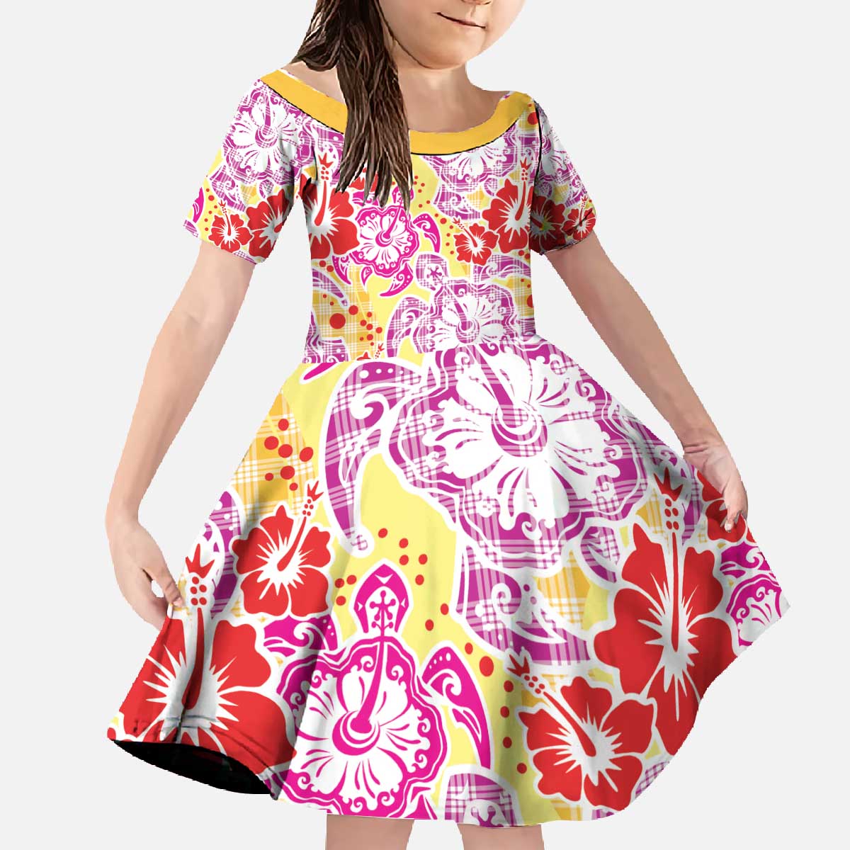 Palaka with Honu and Hibiscus Family Matching Off The Shoulder Long Sleeve Dress and Hawaiian Shirt Hawaiian Heritage Spirit - Polynesian Pride