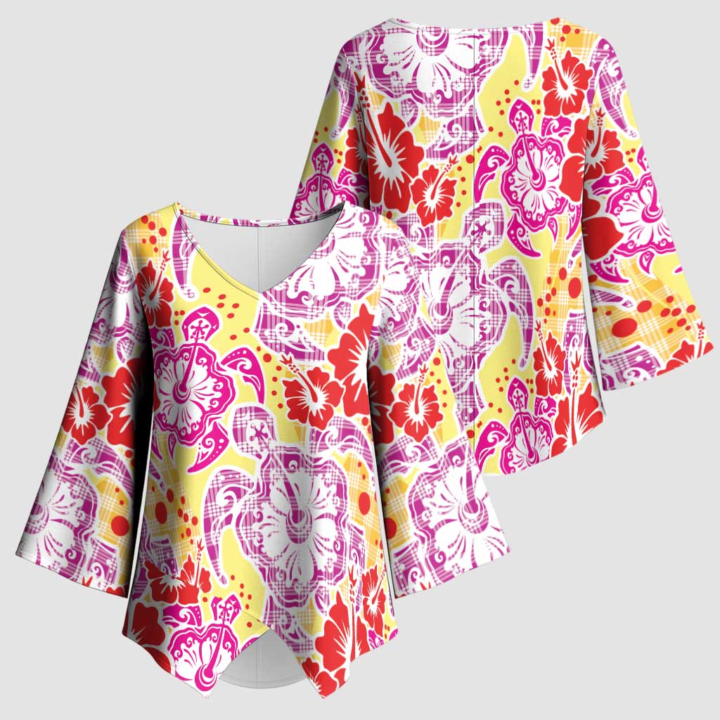 Palaka with Honu and Hibiscus Kimono Sleeve Blouse Hawaiian Heritage Spirit - Polynesian Pride