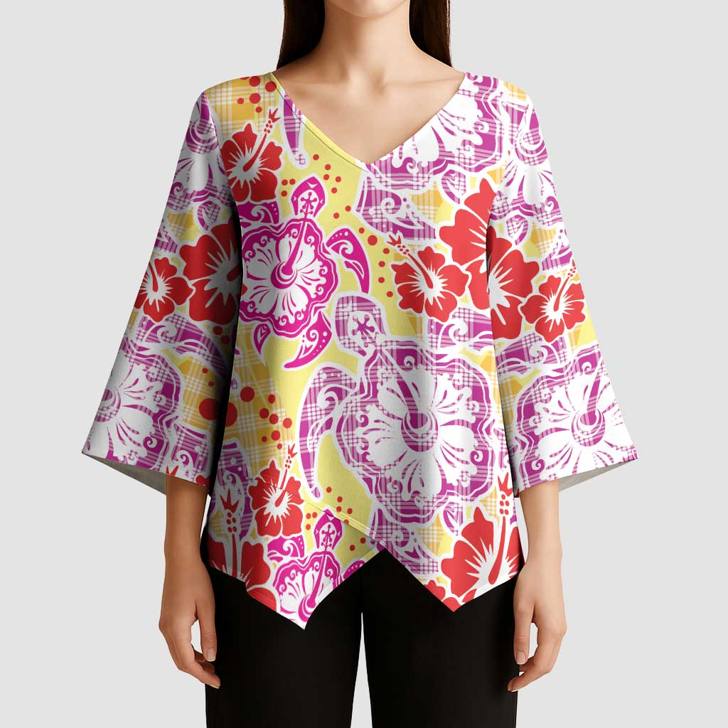 Palaka with Honu and Hibiscus Kimono Sleeve Blouse Hawaiian Heritage Spirit - Polynesian Pride