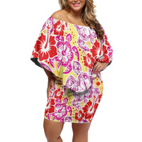 Palaka with Honu and Hibiscus Off Shoulder Short Dress Hawaiian Heritage Spirit - Polynesian Pride