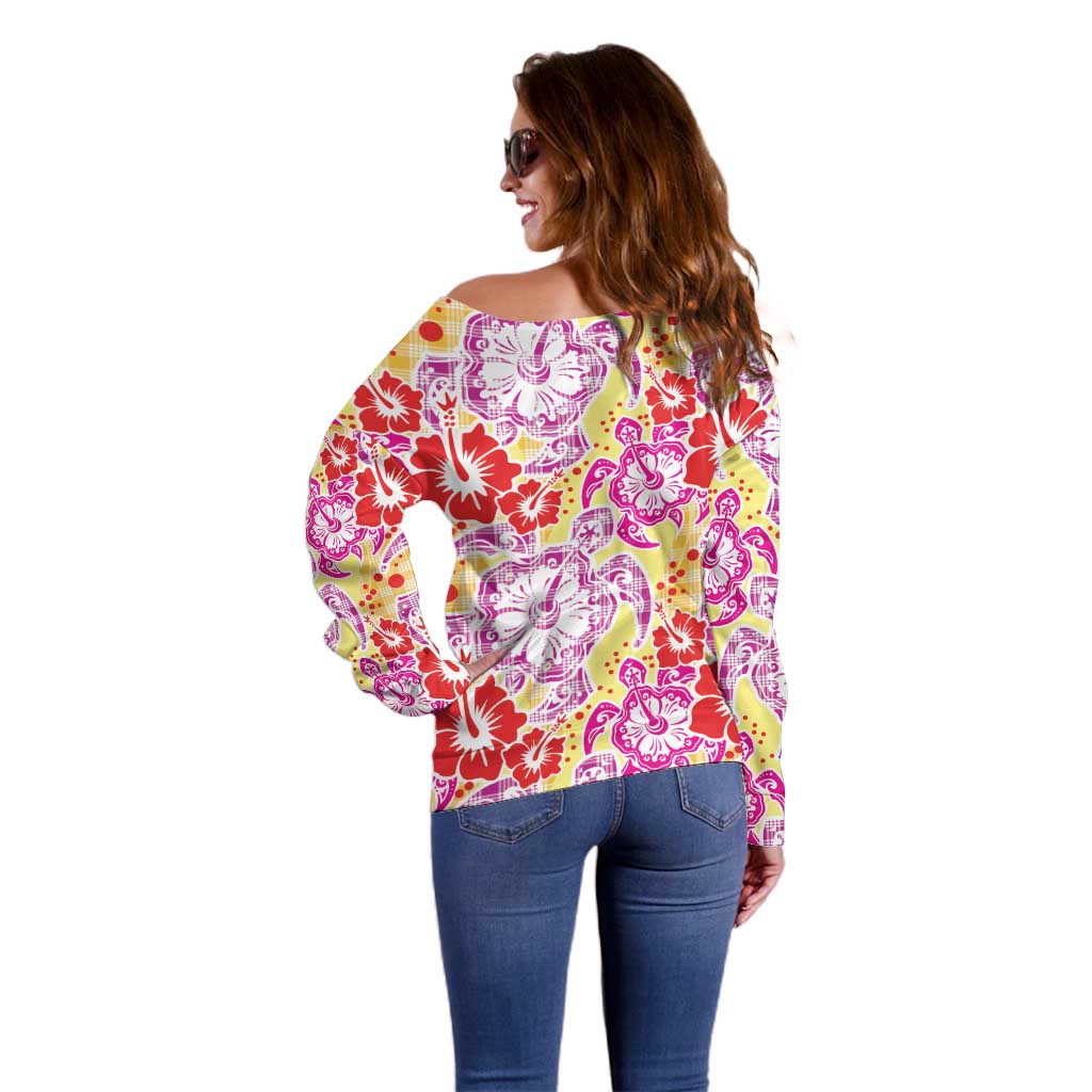 Palaka with Honu and Hibiscus Off Shoulder Sweater Hawaiian Heritage Spirit - Polynesian Pride