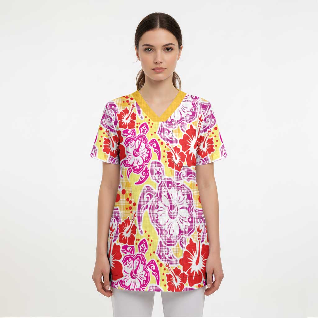 Palaka with Honu and Hibiscus Scrub Top Hawaiian Heritage Spirit - Polynesian Pride