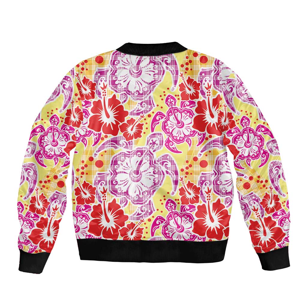Palaka with Honu and Hibiscus Sleeve Zip Bomber Jacket Hawaiian Heritage Spirit - Polynesian Pride