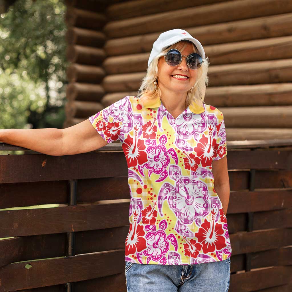 Palaka with Honu and Hibiscus Women Polo Shirt Hawaiian Heritage Spirit - Polynesian Pride