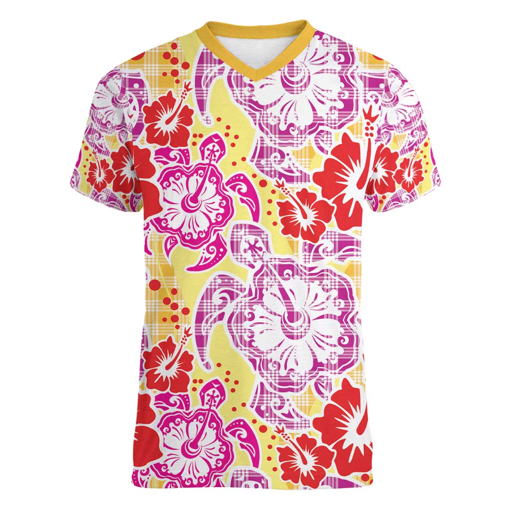 Palaka with Honu and Hibiscus Women V-Neck T-Shirt Hawaiian Heritage Spirit - Polynesian Pride