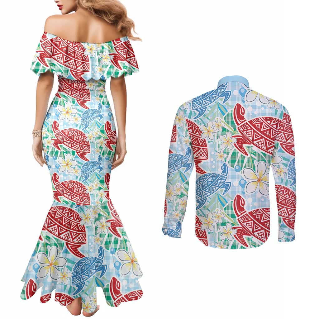 Palaka with Honu and Plumeria Couples Matching Mermaid Dress and Long Sleeve Button Shirt Hawaiian Heritage Spirit LT9 - Polynesian Pride