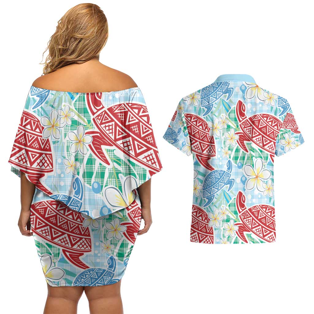 Palaka with Honu and Plumeria Couples Matching Off Shoulder Short Dress and Hawaiian Shirt Hawaiian Heritage Spirit LT9 - Polynesian Pride
