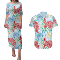 Palaka with Honu and Plumeria Couples Matching Puletasi and Hawaiian Shirt Hawaiian Heritage Spirit LT9 Blue - Polynesian Pride