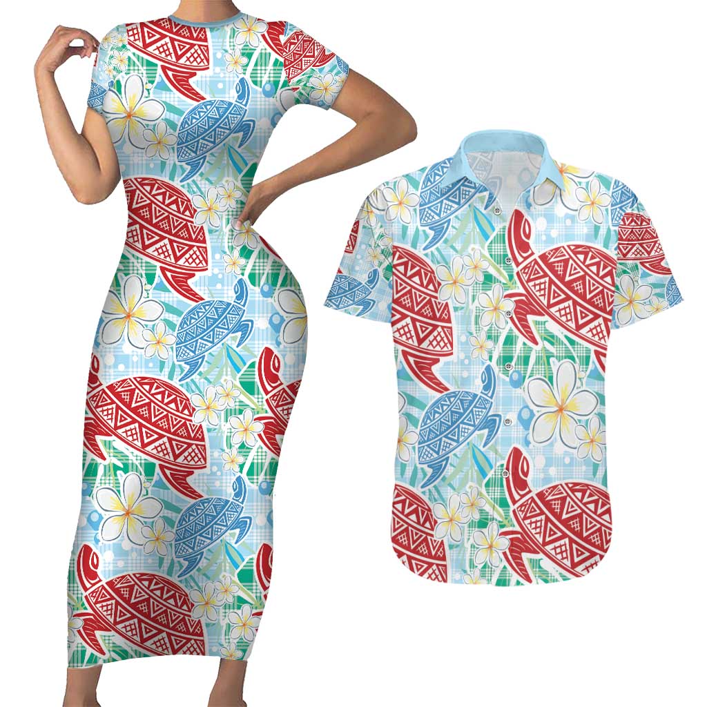 Palaka with Honu and Plumeria Couples Matching Short Sleeve Bodycon Dress and Hawaiian Shirt Hawaiian Heritage Spirit LT9 Blue - Polynesian Pride