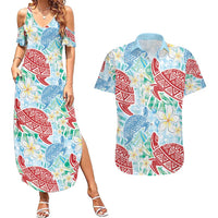 Palaka with Honu and Plumeria Couples Matching Summer Maxi Dress and Hawaiian Shirt Hawaiian Heritage Spirit LT9 Blue - Polynesian Pride