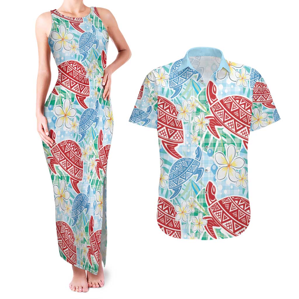 Palaka with Honu and Plumeria Couples Matching Tank Maxi Dress and Hawaiian Shirt Hawaiian Heritage Spirit LT9 Blue - Polynesian Pride