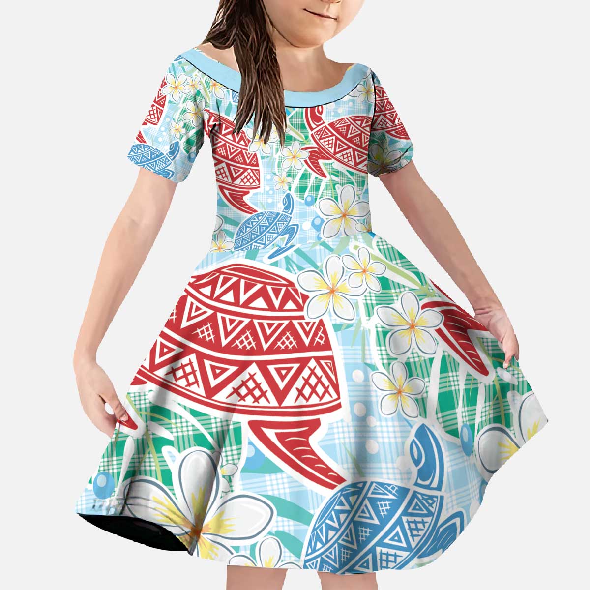 Palaka with Honu and Plumeria Family Matching Off The Shoulder Long Sleeve Dress and Hawaiian Shirt Hawaiian Heritage Spirit - Polynesian Pride