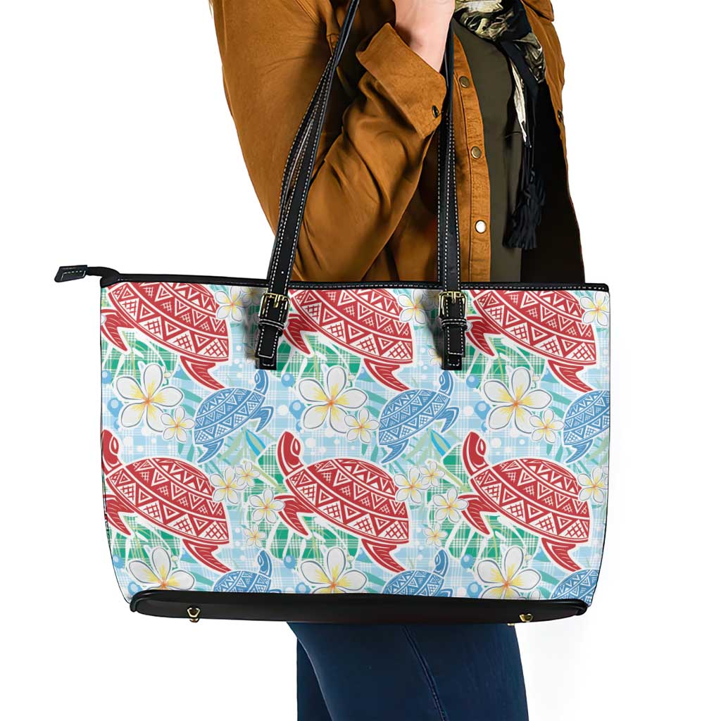 Palaka with Honu and Plumeria Leather Tote Bag Hawaiian Heritage Spirit - Polynesian Pride