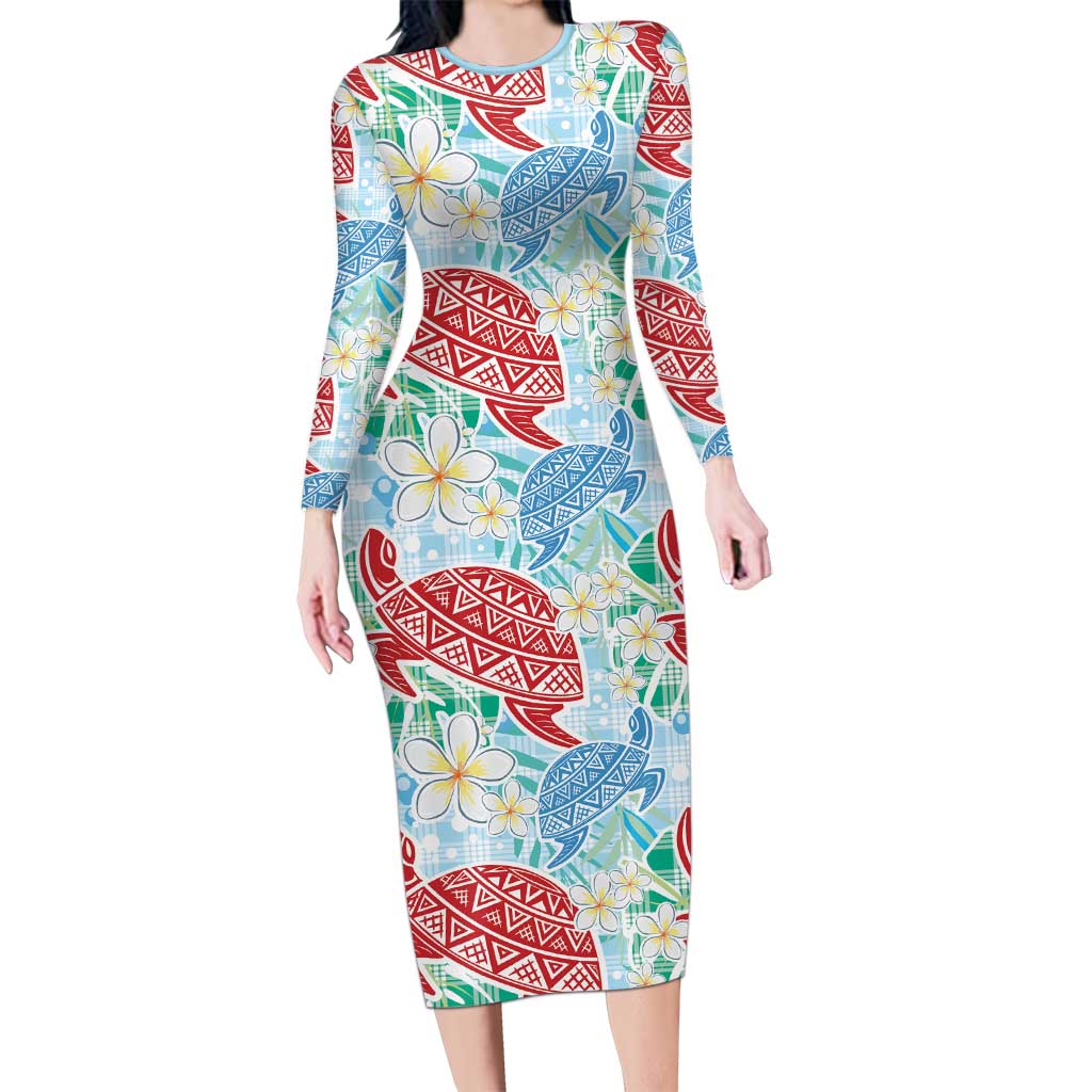Palaka with Honu and Plumeria Long Sleeve Bodycon Dress Hawaiian Heritage Spirit - Polynesian Pride