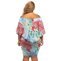 Palaka with Honu and Plumeria Off Shoulder Short Dress Hawaiian Heritage Spirit - Polynesian Pride