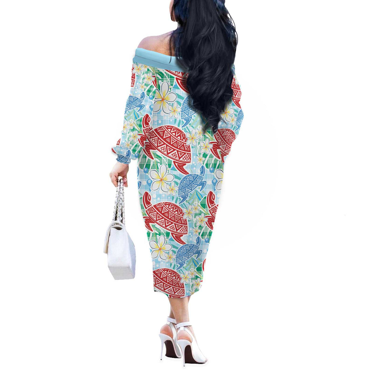 Palaka with Honu and Plumeria Off The Shoulder Long Sleeve Dress Hawaiian Heritage Spirit - Polynesian Pride