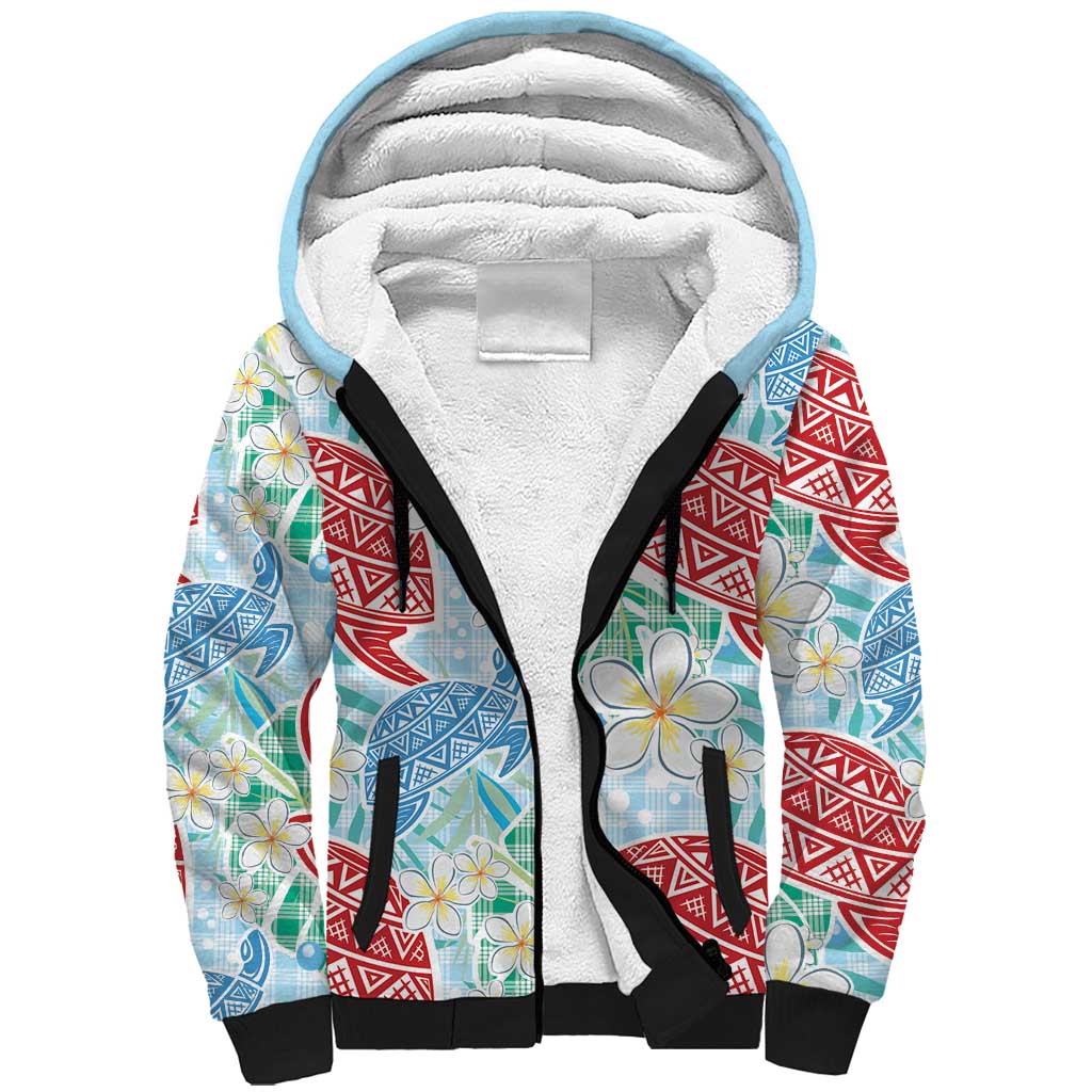 Palaka with Honu and Plumeria Sherpa Hoodie Hawaiian Heritage Spirit - Polynesian Pride