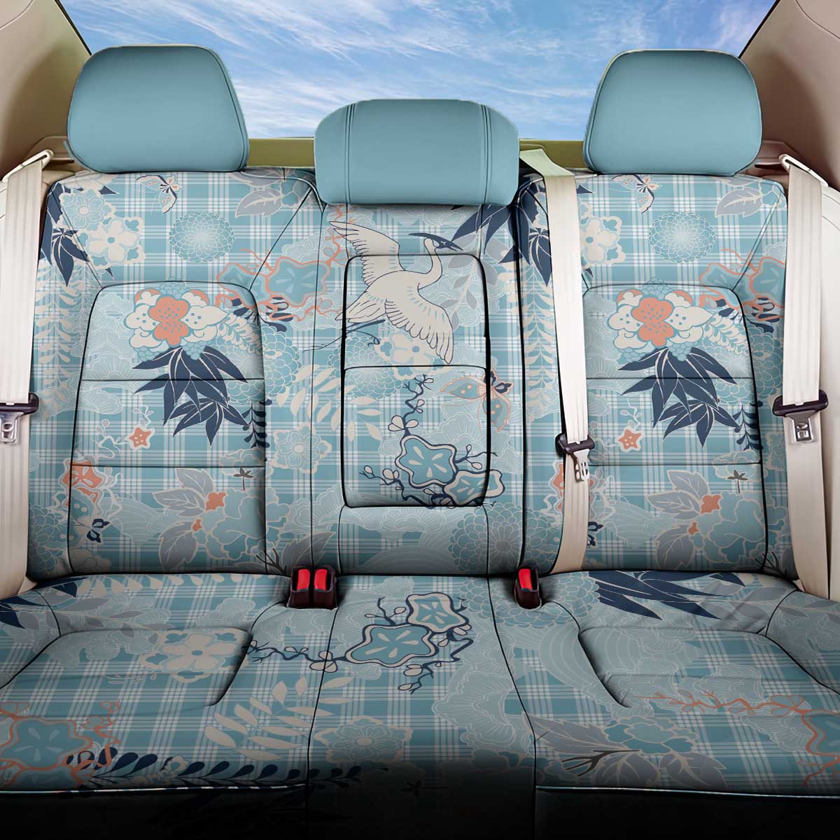 Blue Palaka Crane and Flowers Back Car Seat Cover Japan Heritage Spirit - Polynesian Pride