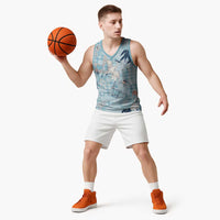 Blue Palaka Crane and Flowers Basketball Jersey Japan Heritage Spirit - Polynesian Pride