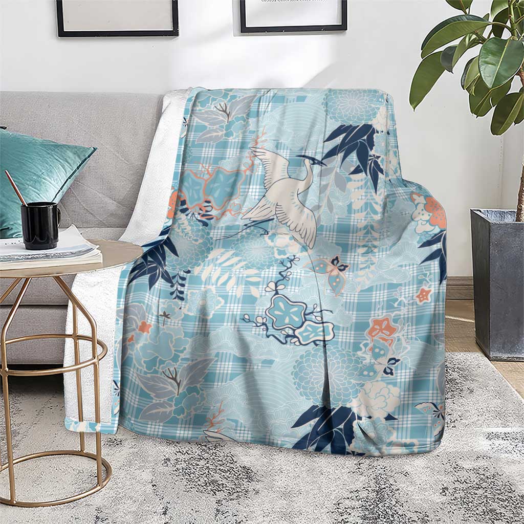 Blue Palaka Crane and Flowers Blanket Japan Heritage Spirit - Polynesian Pride