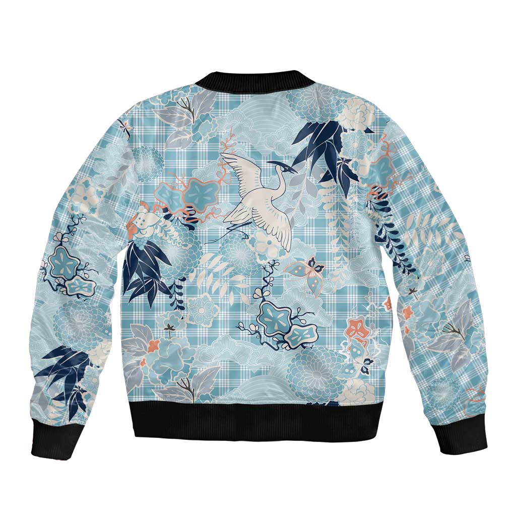 Blue Palaka Crane and Flowers Bomber Jacket Japan Heritage Spirit - Polynesian Pride
