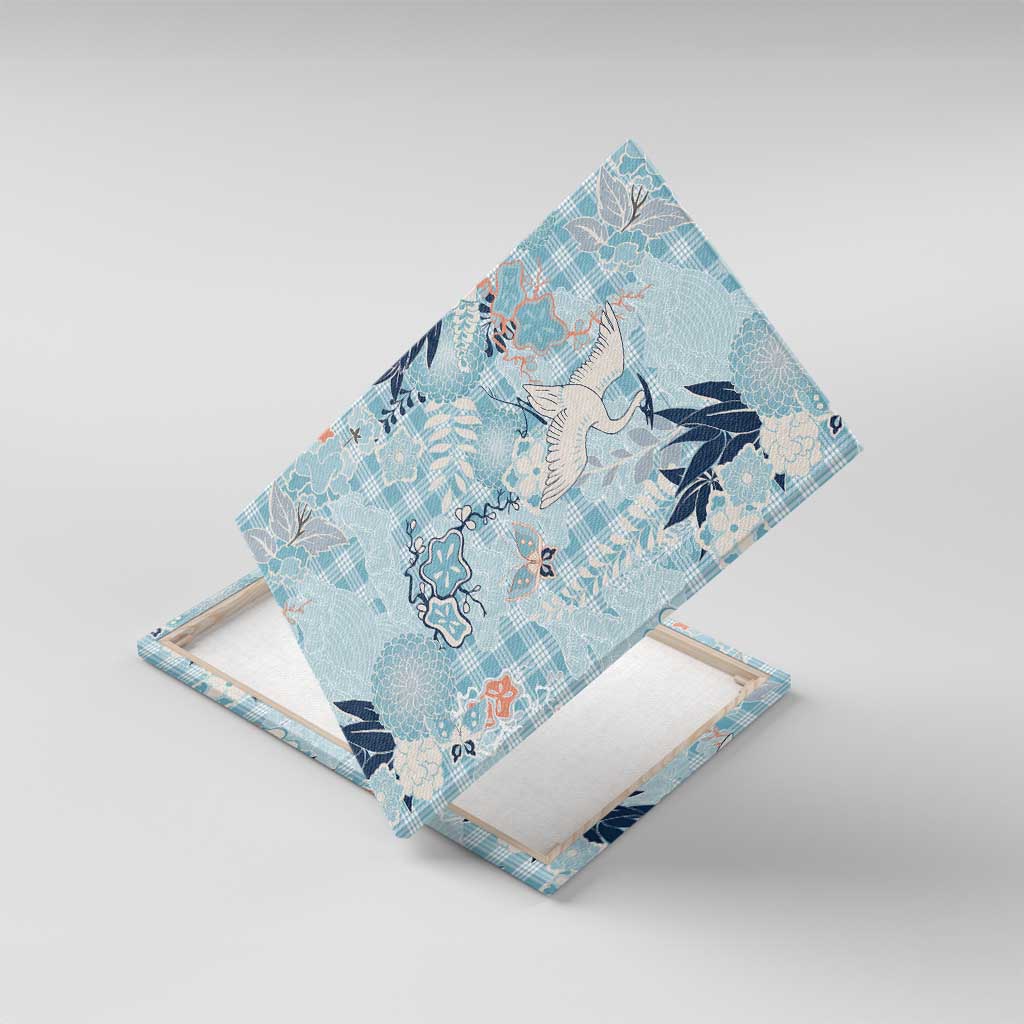 Blue Palaka Crane and Flowers Canvas Wall Art Japan Heritage Spirit - Polynesian Pride