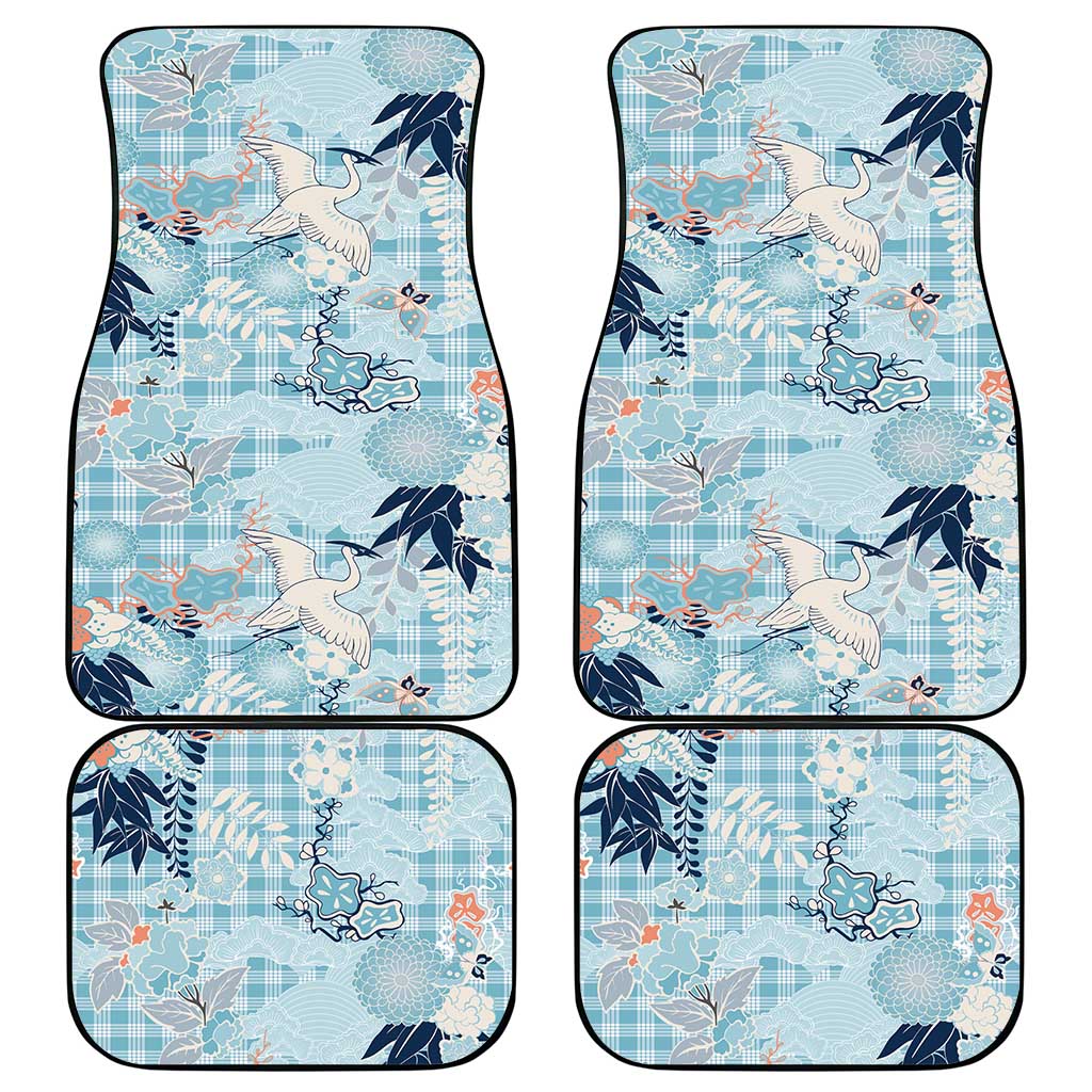 Blue Palaka Crane and Flowers Car Mats Japan Heritage Spirit - Polynesian Pride
