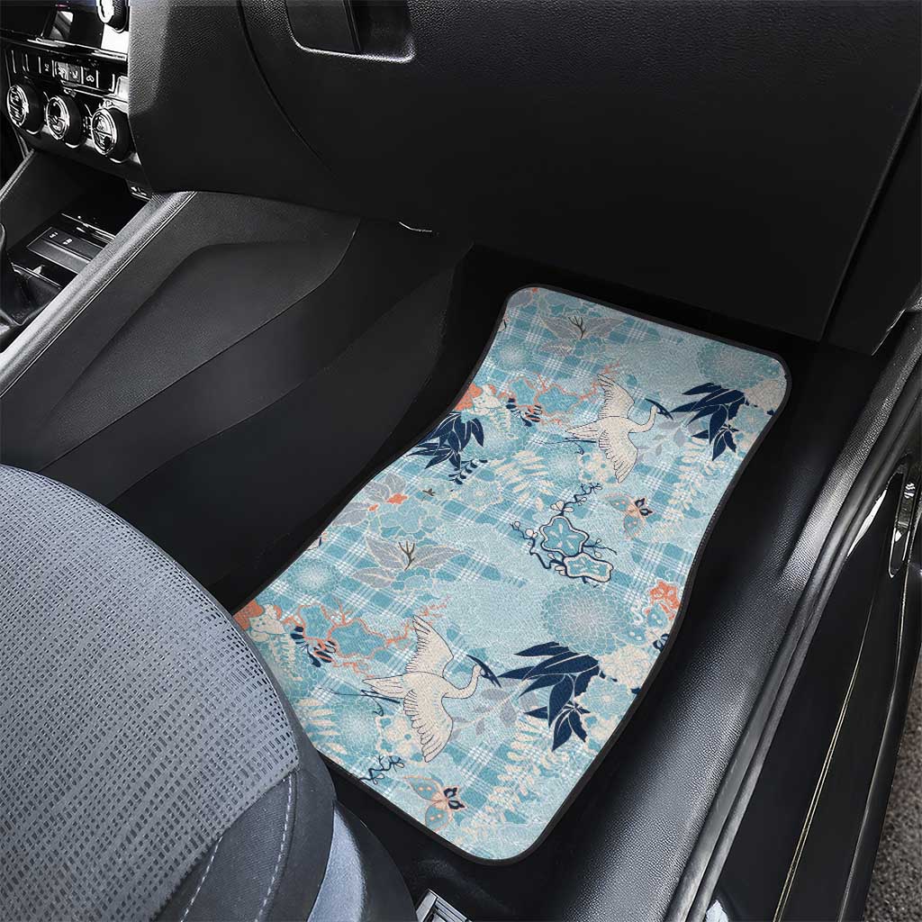 Blue Palaka Crane and Flowers Car Mats Japan Heritage Spirit - Polynesian Pride