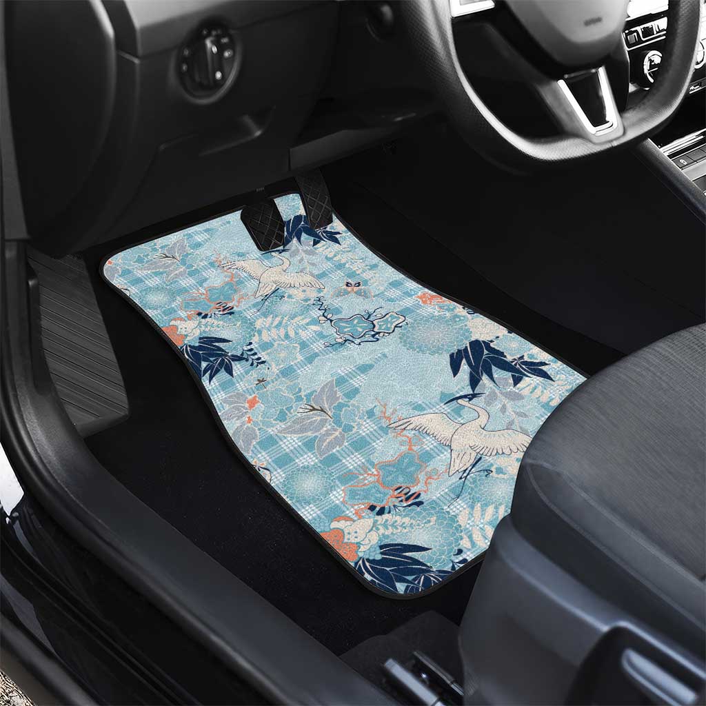 Blue Palaka Crane and Flowers Car Mats Japan Heritage Spirit - Polynesian Pride