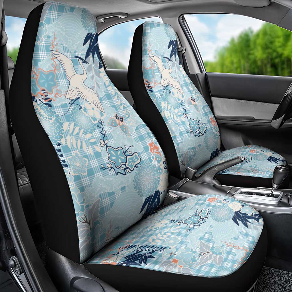 Blue Palaka Crane and Flowers Car Seat Cover Japan Heritage Spirit - Polynesian Pride