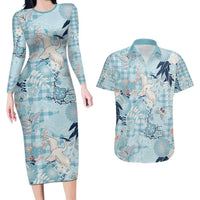 Blue Palaka Crane and Flowers Couples Matching Long Sleeve Bodycon Dress and Hawaiian Shirt Japan Heritage Spirit LT9 Blue - Polynesian Pride