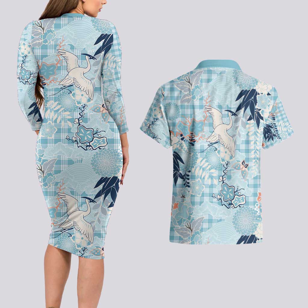 Blue Palaka Crane and Flowers Couples Matching Long Sleeve Bodycon Dress and Hawaiian Shirt Japan Heritage Spirit LT9 - Polynesian Pride