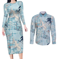 Blue Palaka Crane and Flowers Couples Matching Long Sleeve Bodycon Dress and Long Sleeve Button Shirt Japan Heritage Spirit LT9 Blue - Polynesian Pride