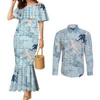 Blue Palaka Crane and Flowers Couples Matching Mermaid Dress and Long Sleeve Button Shirt Japan Heritage Spirit LT9 Blue - Polynesian Pride