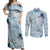 Blue Palaka Crane and Flowers Couples Matching Off Shoulder Maxi Dress and Long Sleeve Button Shirt Japan Heritage Spirit - Polynesian Pride