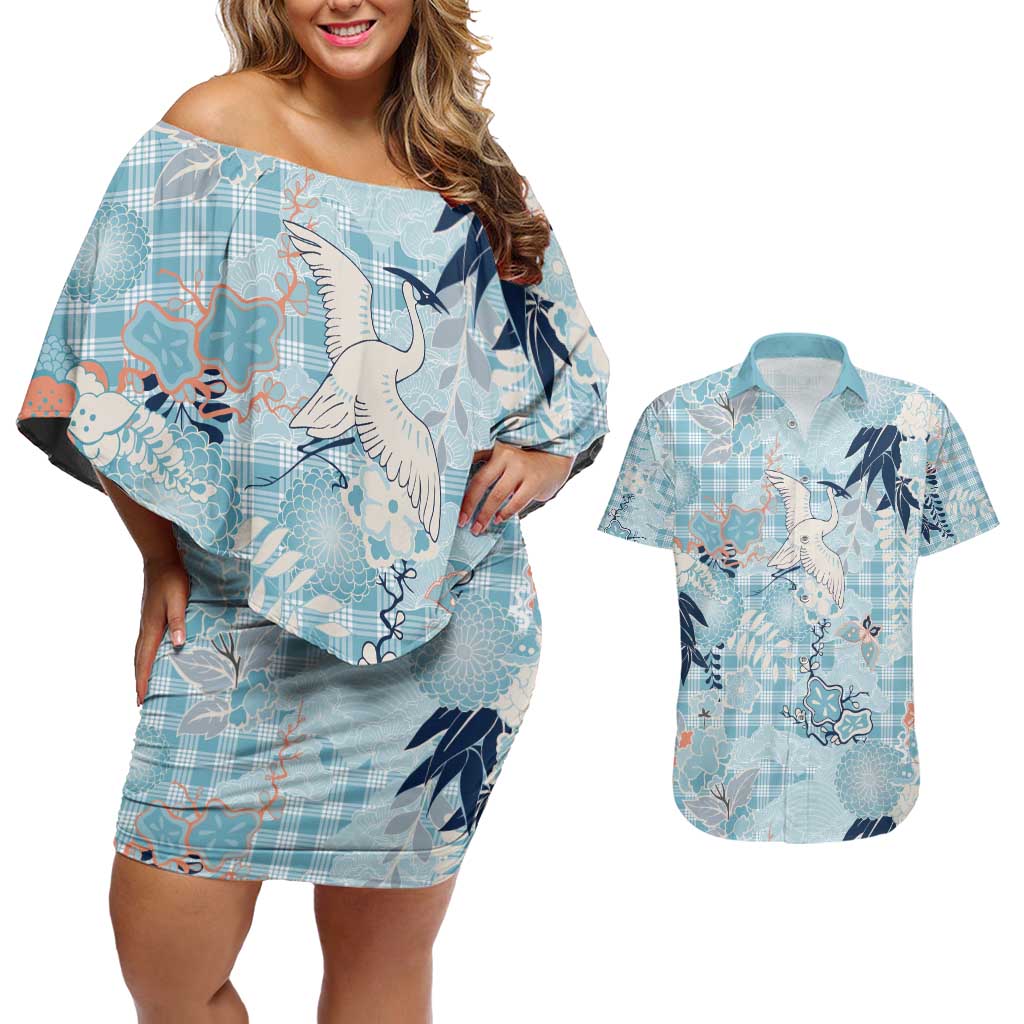 Blue Palaka Crane and Flowers Couples Matching Off Shoulder Short Dress and Hawaiian Shirt Japan Heritage Spirit LT9 Blue - Polynesian Pride