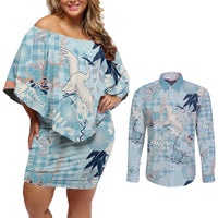 Blue Palaka Crane and Flowers Couples Matching Off Shoulder Short Dress and Long Sleeve Button Shirt Japan Heritage Spirit LT9 Blue - Polynesian Pride
