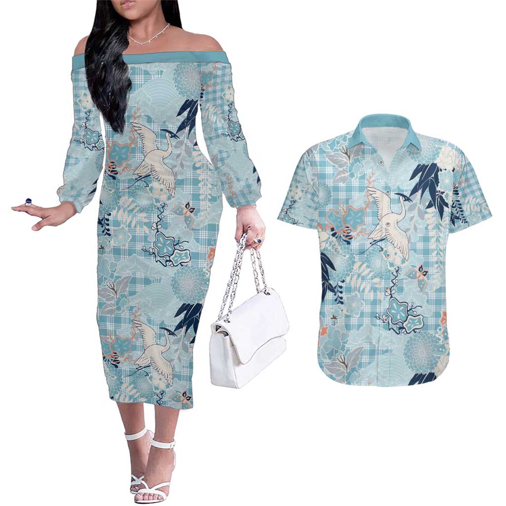 Blue Palaka Crane and Flowers Couples Matching Off The Shoulder Long Sleeve Dress and Hawaiian Shirt Japan Heritage Spirit - Polynesian Pride