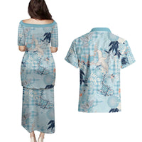 Blue Palaka Crane and Flowers Couples Matching Puletasi and Hawaiian Shirt Japan Heritage Spirit LT9 - Polynesian Pride