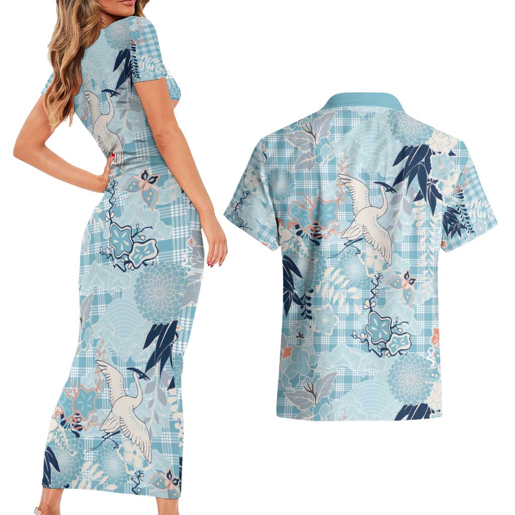 Blue Palaka Crane and Flowers Couples Matching Short Sleeve Bodycon Dress and Hawaiian Shirt Japan Heritage Spirit LT9 - Polynesian Pride
