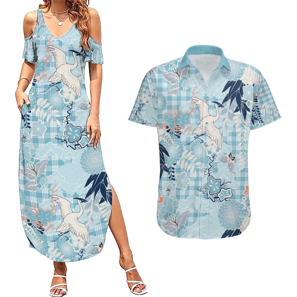 Blue Palaka Crane and Flowers Couples Matching Summer Maxi Dress and Hawaiian Shirt Japan Heritage Spirit LT9 Blue - Polynesian Pride